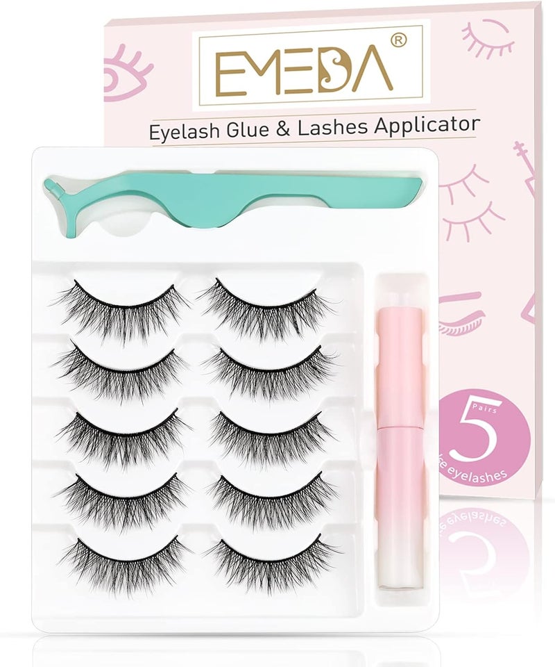 EMEDA Natural lashes with glue and tweezers 5 Pair Natural look eyelashes with lash glue 3D Short Natural false lashes Kit Strip Fake Lashes With Applicator Natural 1