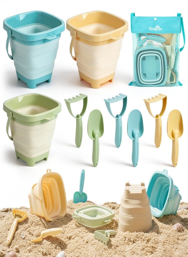 Dreamon Beach Toys, 3 Pack Collapsible Sand Buckets for Kids, Shovels & Rakes Set with Mesh Bag, Kids Beach Essentials Sandcastle Building Kit for Beach Trip Outdoor Play and Summer Fun - Image 1