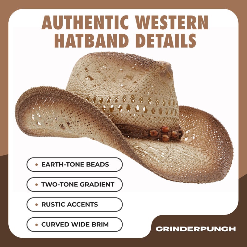 grinderPUNCH Western Outback Cowboy Hat Men's Women's Style Classic Straw Western Cowgirl Hat (Biege) - Image 4