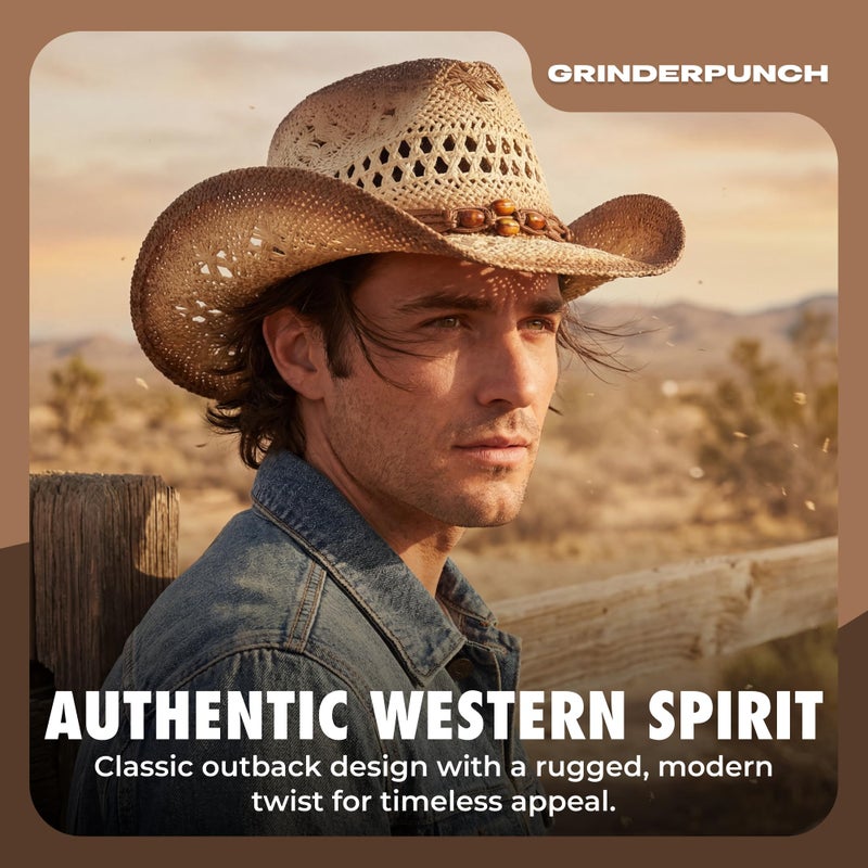 grinderPUNCH Western Outback Cowboy Hat Men's Women's Style Classic Straw Western Cowgirl Hat (Biege) - Image 2