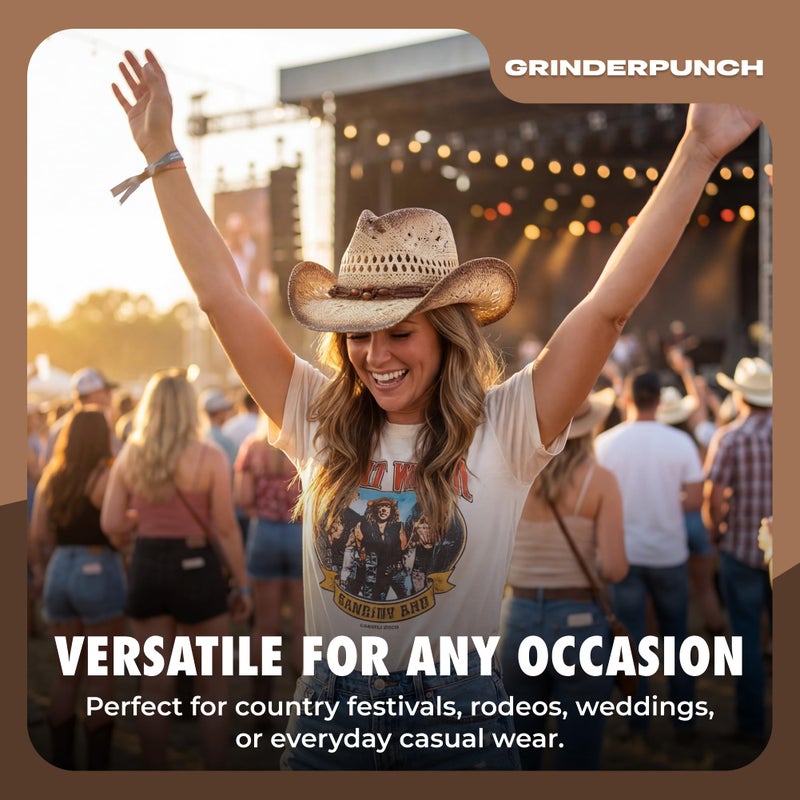 grinderPUNCH Western Outback Cowboy Hat Men's Women's Style Classic Straw Western Cowgirl Hat (Biege) - Image 3