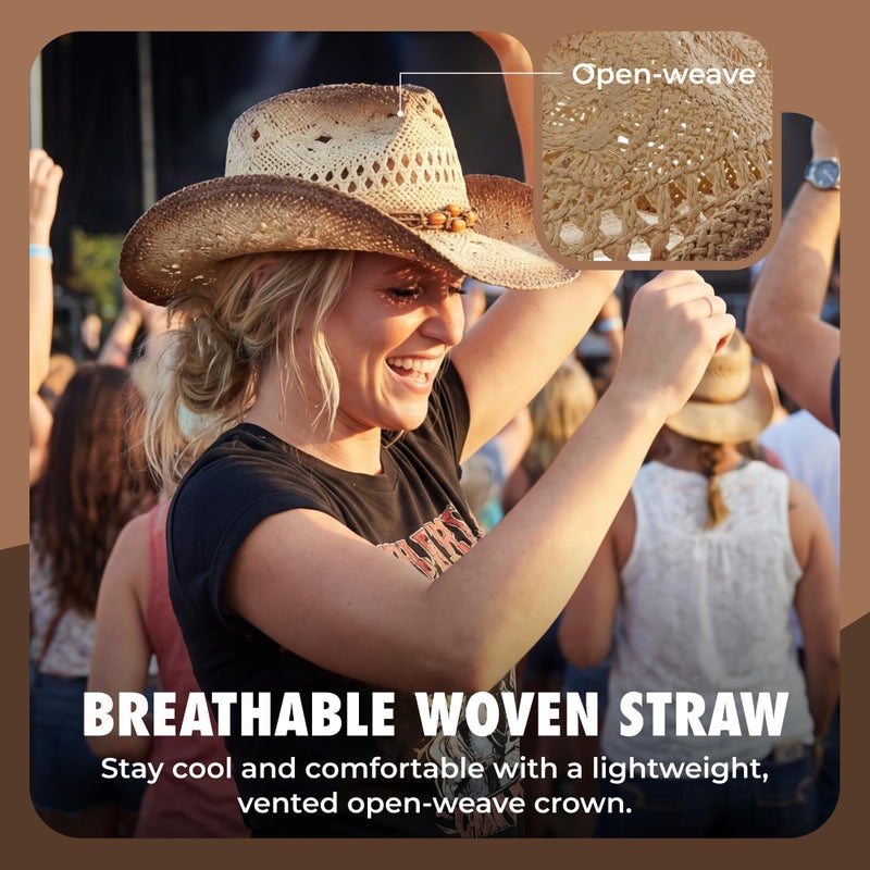 grinderPUNCH Western Outback Cowboy Hat Men's Women's Style Classic Straw Western Cowgirl Hat (Biege) - Image 5