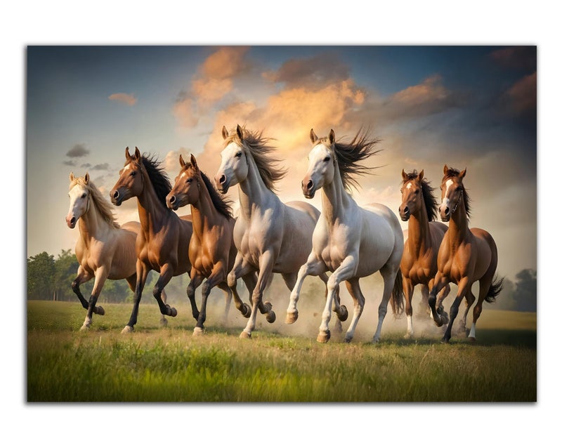 Rousrie Big Size Premium Canvas 7 Running Horses Painting As Per Vastu | Best For Wall Decoration Of Living Room | Wooden Canvas Printed Premium Collection (Design 1, 18 x 12 Inch, Unframed) - Image 1