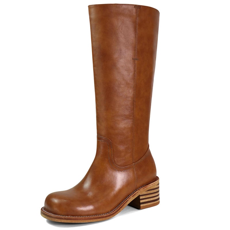 VBDB Saddle Platform Knee High Boots for Women Square Toe Chunky Block Heel Long Boots Wide Calf Campus Boots Pull on Riding Shoes for Women Size 9 - Image 1