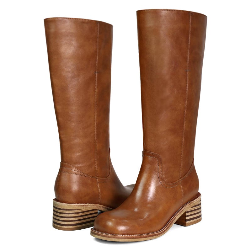 VBDB Saddle Platform Knee High Boots for Women Square Toe Chunky Block Heel Long Boots Wide Calf Campus Boots Pull on Riding Shoes for Women Size 9 - Image 5