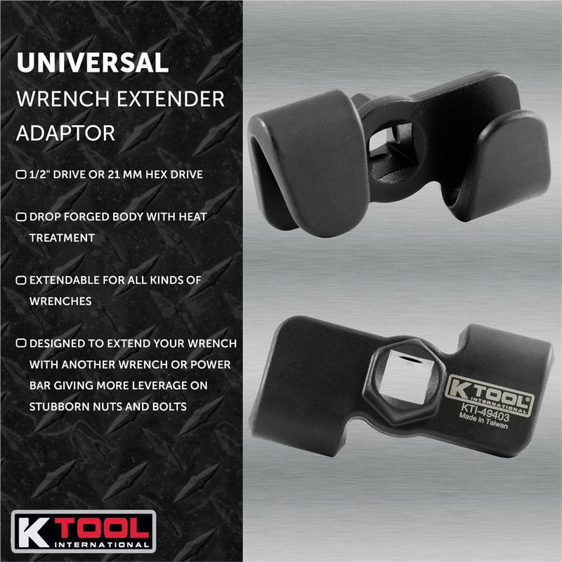 K-Tool International K Tool International 49403 Universal Wrench Extender Adaptor, 1/2 Inch or 21mm Hex Drive, Drop Forged Body with Heat Treatment, Extendable, Black - Image 3