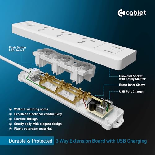 Cablet Extension Board with USB | 3 Universal Multi Plug Sockets + Light Switch | 2 USB 2.4A Ports & Type-C | 10A 2500W Power Strip | 1.8m Heavy Duty Wire - Image 5