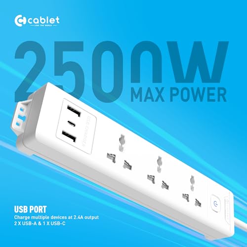 Cablet Extension Board with USB | 3 Universal Multi Plug Sockets + Light Switch | 2 USB 2.4A Ports & Type-C | 10A 2500W Power Strip | 1.8m Heavy Duty Wire - Image 3