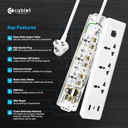 Cablet Extension Board with USB | 3 Universal Multi Plug Sockets + Light Switch | 2 USB 2.4A Ports & Type-C | 10A 2500W Power Strip | 1.8m Heavy Duty Wire - Image 4