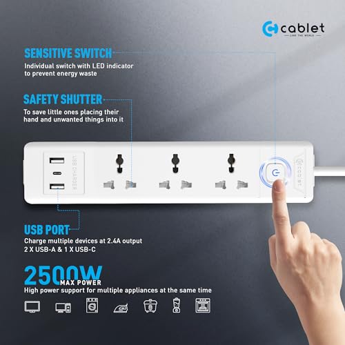 Cablet Extension Board with USB | 3 Universal Multi Plug Sockets + Light Switch | 2 USB 2.4A Ports & Type-C | 10A 2500W Power Strip | 1.8m Heavy Duty Wire - Image 2