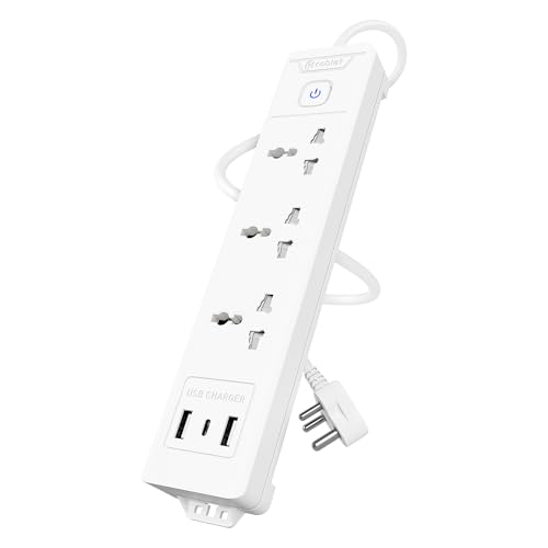 Cablet Extension Board with USB | 3 Universal Multi Plug Sockets + Light Switch | 2 USB 2.4A Ports & Type-C | 10A 2500W Power Strip | 1.8m Heavy Duty Wire - Image 1