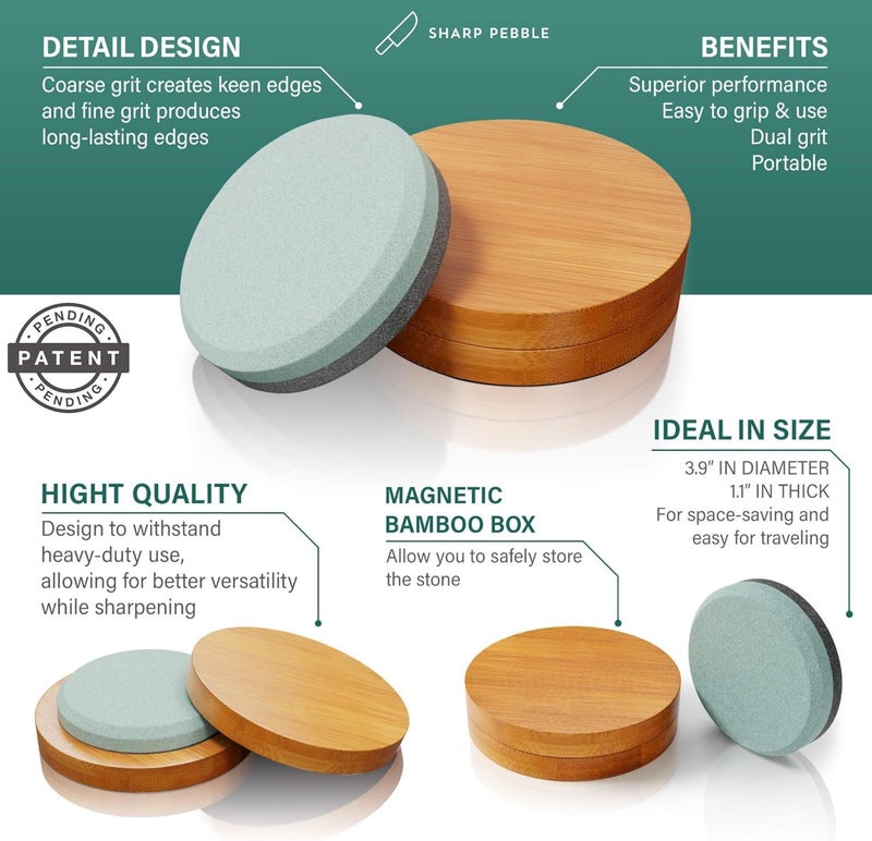 Sharp Pebble Puck/Disk - Axe/Hatchet Large Sharpening Stone- Whetstone Blade & Tool Sharpener- Dual Grit Multipurpose Waterstone Sharpener with Bamboo Box - Image 2