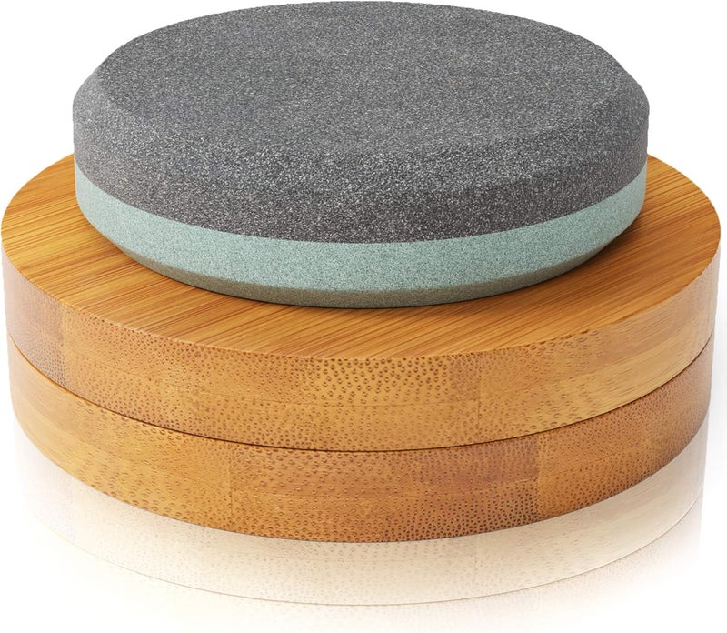 Sharp Pebble Puck/Disk - Axe/Hatchet Large Sharpening Stone- Whetstone Blade & Tool Sharpener- Dual Grit Multipurpose Waterstone Sharpener with Bamboo Box - Image 1