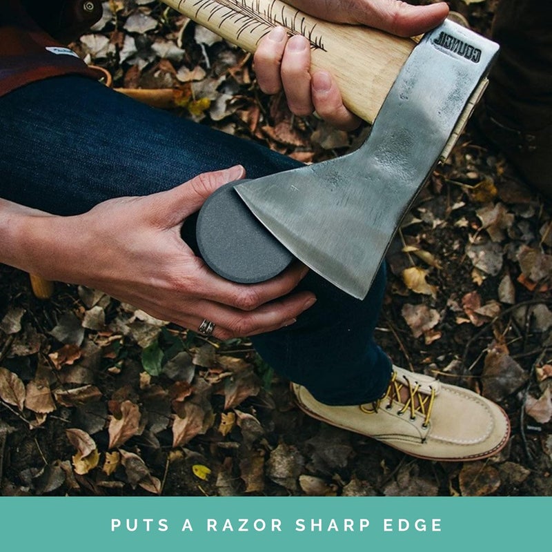 Sharp Pebble Puck/Disk - Axe/Hatchet Large Sharpening Stone- Whetstone Blade & Tool Sharpener- Dual Grit Multipurpose Waterstone Sharpener with Bamboo Box - Image 5