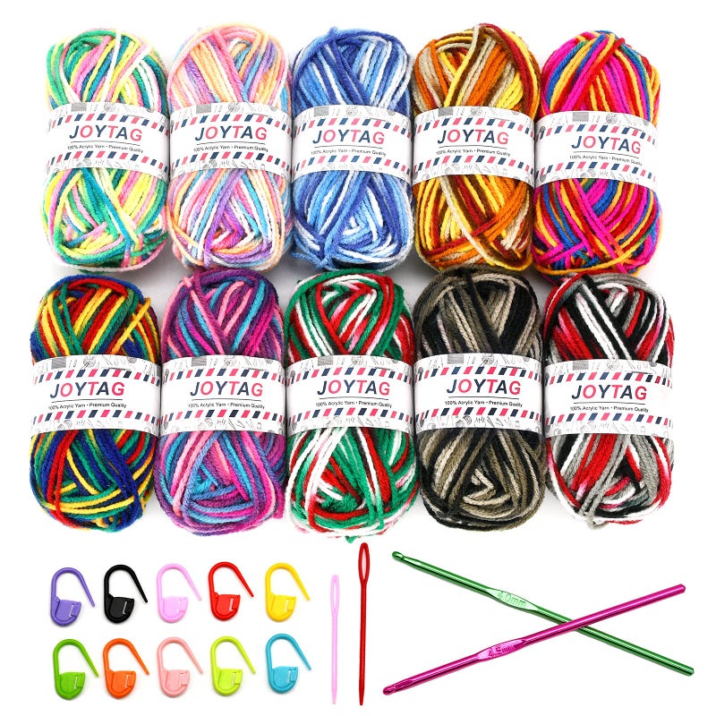 JOYTAG 10 Acrylic Yarn Skeins,Multicolor Crochet Craft for Crocheting and Knitting,with Hooks Knitting Needles Stitch Markers,Crochet Starter Kit Beginners(650 Yard/250g) - Image 1