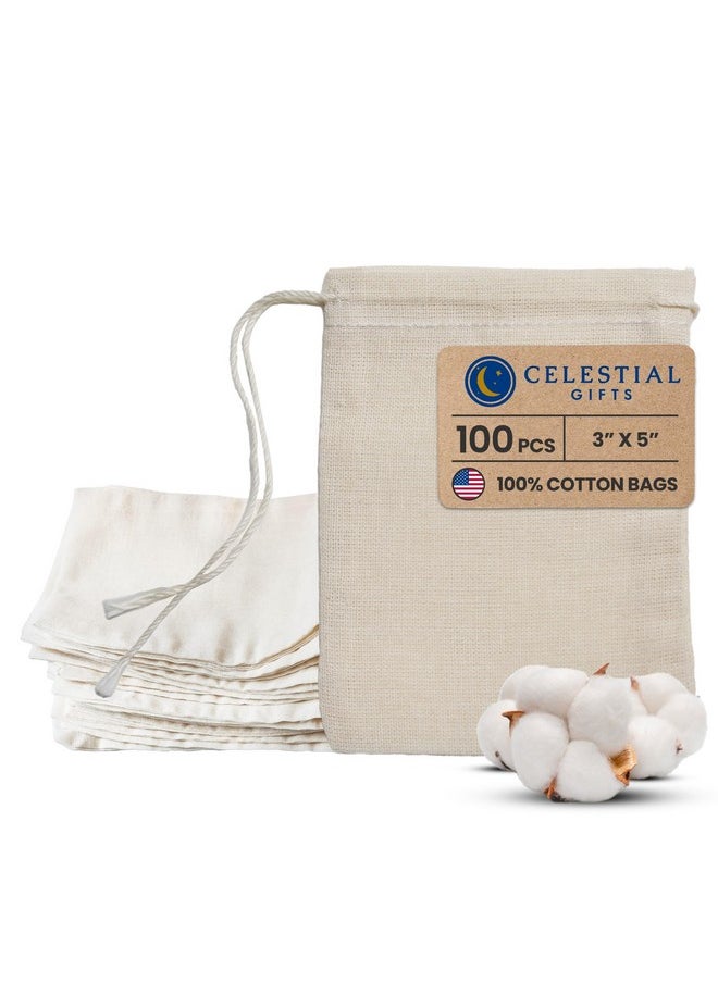 Celestial Gifts Muslin Bags Drawstring Bags Small 100Pcs 3X5 Reusable Tea Bags Jewelry Gift Spice And Cotton Gift Sachet Bags 100% Cotton Made In Usa (Natural Hem & Drawstring)  - Image 1