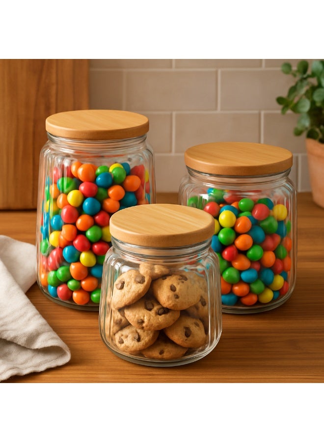 ليفينج طقم برطمان زجاجي للشاي و السكر و القهوة محكم الغلق بغطاء خشبي ، 3 قطع - Image 2