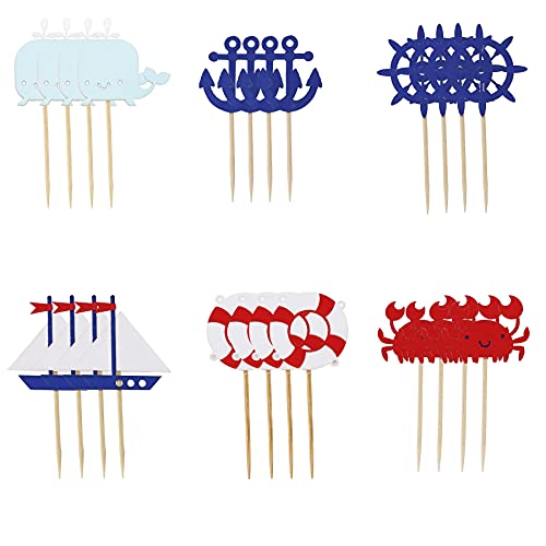 Confetti! 24 Pieces Nautical Cupcake Toppers for Ocean Sailing Theme Party Birthday Party Baby Shower Wedding Party Decorations (Sailboat, Whale, Crab, Anchor, Life Ring, Helm) - Image 3