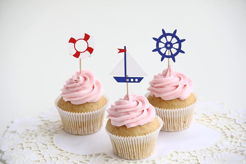 Confetti! 24 Pieces Nautical Cupcake Toppers for Ocean Sailing Theme Party Birthday Party Baby Shower Wedding Party Decorations (Sailboat, Whale, Crab, Anchor, Life Ring, Helm) - Image 2