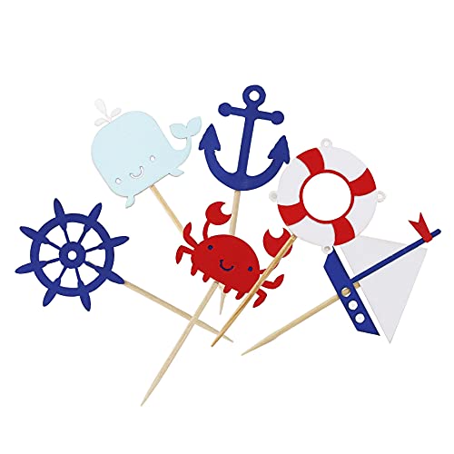 Confetti! 24 Pieces Nautical Cupcake Toppers for Ocean Sailing Theme Party Birthday Party Baby Shower Wedding Party Decorations (Sailboat, Whale, Crab, Anchor, Life Ring, Helm) - Image 1