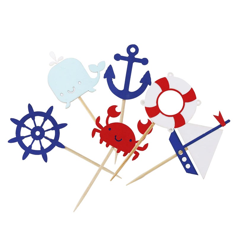 Confetti! 24 Pieces Nautical Cupcake Toppers for Ocean Sailing Theme Party Birthday Party Baby Shower Wedding Party Decorations (Sailboat, Whale, Crab, Anchor, Life Ring, Helm) - Image 4