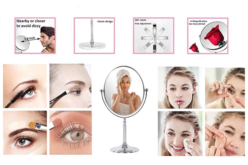 Zipron Makeup MirrorMagnifying Glass Mirror MakeupDouble Side MagnificationTabletop Vanity Hand Mirrors Stand5X and 1XMenWomenSilver Oval Framed - Image 4