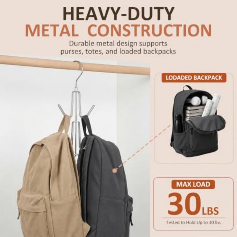 Purse Organizer for Closet, Heavy-Duty Hanging Purse Hanger Closet Holds Up to 12 Purses, Metal Rotating Space Saving Bag Holder Handbag Storage Hook Backpack Rack - Image 4