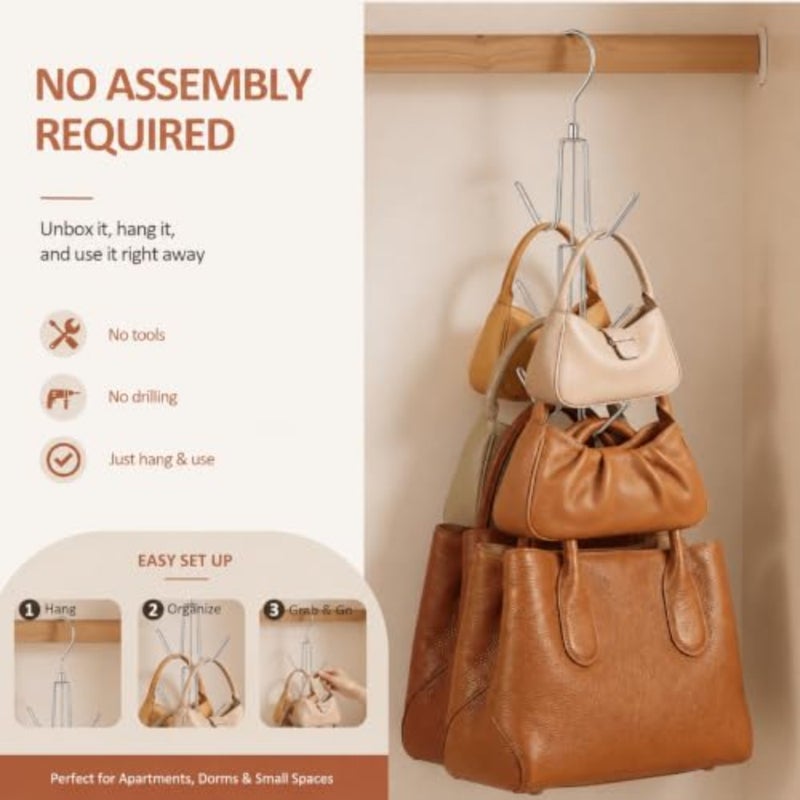 Purse Organizer for Closet, Heavy-Duty Hanging Purse Hanger Closet Holds Up to 12 Purses, Metal Rotating Space Saving Bag Holder Handbag Storage Hook Backpack Rack - Image 5