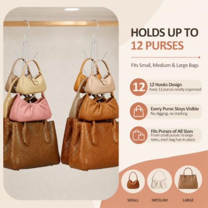Purse Organizer for Closet, Heavy-Duty Hanging Purse Hanger Closet Holds Up to 12 Purses, Metal Rotating Space Saving Bag Holder Handbag Storage Hook Backpack Rack - Image 2