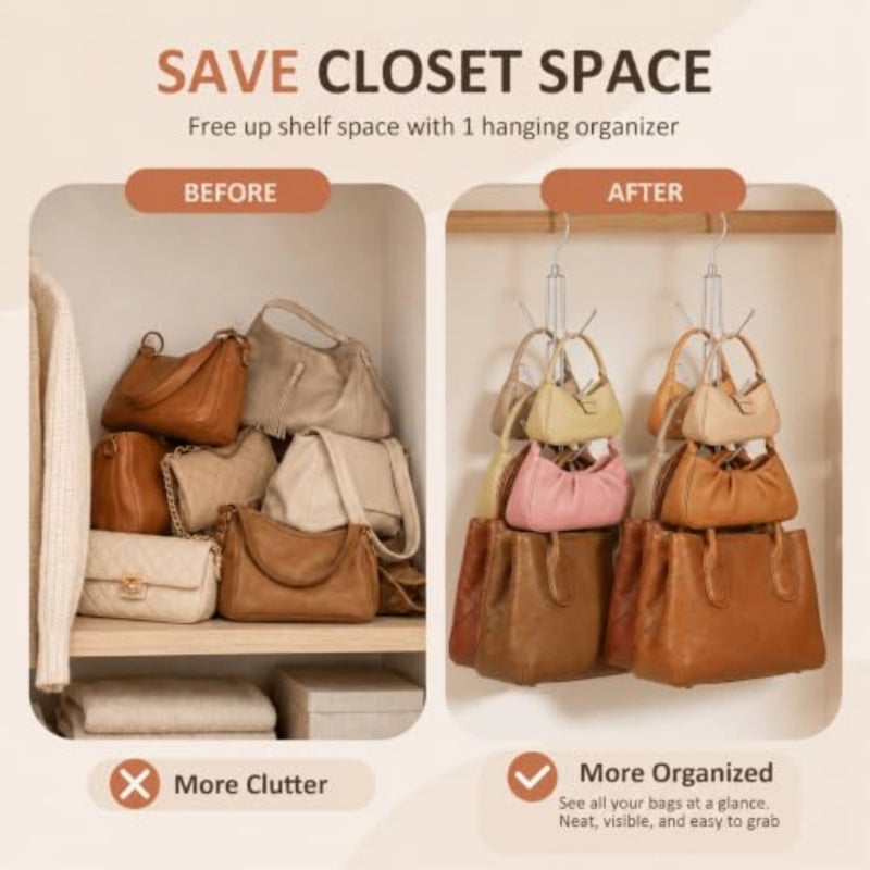 Purse Organizer for Closet, Heavy-Duty Hanging Purse Hanger Closet Holds Up to 12 Purses, Metal Rotating Space Saving Bag Holder Handbag Storage Hook Backpack Rack - Image 3