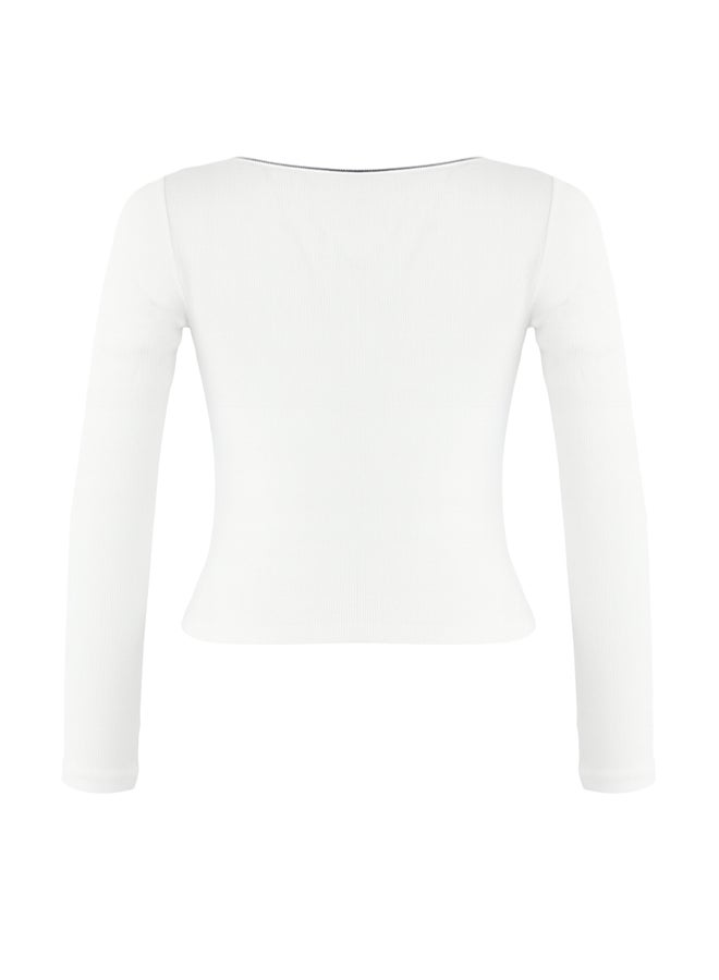 trendyol Ecru Color Block Crochet Detail Slim/Fitted Knitted Blouse - Image 5