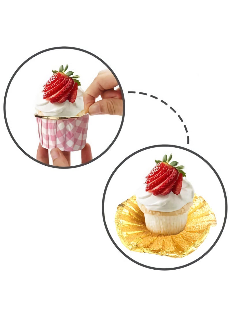 Sweet seven Glam Up Your Baking: 50 Pack Pink Checkered Foil Cupcake Liners - 3.5 Oz Muffin Cups for Mini Cakes. Stylish Gold Accent Wrappers for Delightful Baking Creations. - Image 3