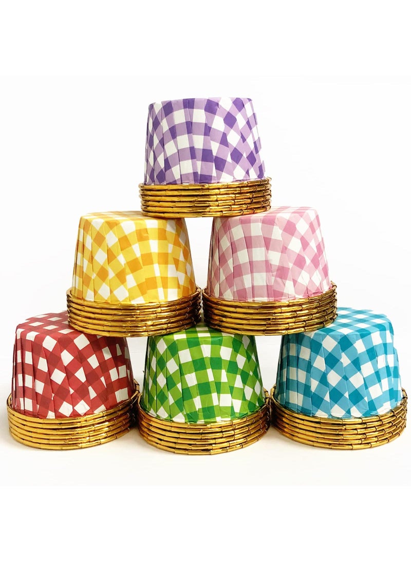 Sweet seven Glam Up Your Baking: 50 Pack Pink Checkered Foil Cupcake Liners - 3.5 Oz Muffin Cups for Mini Cakes. Stylish Gold Accent Wrappers for Delightful Baking Creations. - Image 4