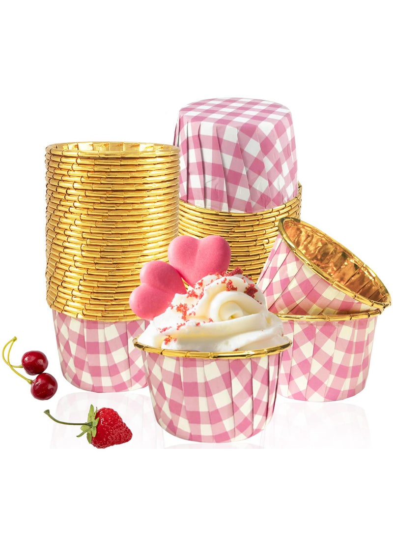 Sweet seven Glam Up Your Baking: 50 Pack Pink Checkered Foil Cupcake Liners - 3.5 Oz Muffin Cups for Mini Cakes. Stylish Gold Accent Wrappers for Delightful Baking Creations. - Image 1