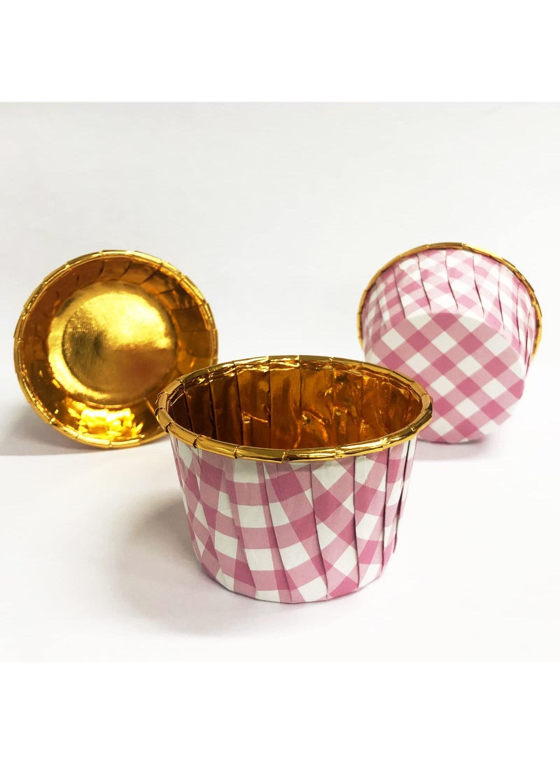 Sweet seven Glam Up Your Baking: 50 Pack Pink Checkered Foil Cupcake Liners - 3.5 Oz Muffin Cups for Mini Cakes. Stylish Gold Accent Wrappers for Delightful Baking Creations. - Image 2