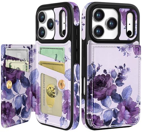 Shorogyt Compatible with iPhone 17 Pro Max Wallet Case with Card Holder - Cute Purple Flower Design Kickstand for Magnetic Clasp Back Flip Folio Leather Phone Covers for Women Men Girls - Image 1