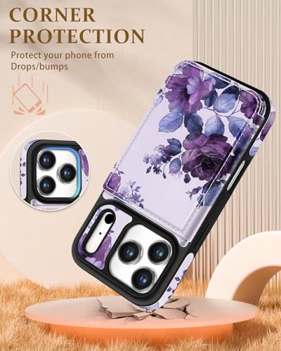 Shorogyt Compatible with iPhone 17 Pro Max Wallet Case with Card Holder - Cute Purple Flower Design Kickstand for Magnetic Clasp Back Flip Folio Leather Phone Covers for Women Men Girls - Image 4