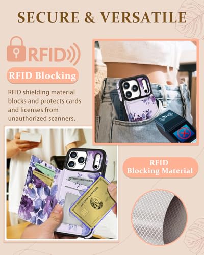 Shorogyt Compatible with iPhone 17 Pro Max Wallet Case with Card Holder - Cute Purple Flower Design Kickstand for Magnetic Clasp Back Flip Folio Leather Phone Covers for Women Men Girls - Image 5