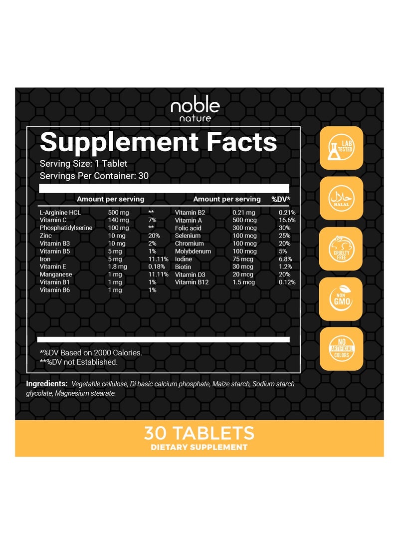noble nature Noble Nature Focus - L-Arginine, Multivitamin, Multimineral Supplement - Supports Brain Health - 30 Veg Tablets - Non-GMO, Gluten-Free, Soy-Free, No Preservatives  - Image 2