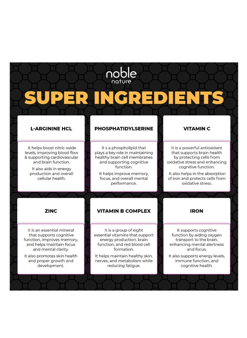 noble nature Noble Nature Focus - L-Arginine, Multivitamin, Multimineral Supplement - Supports Brain Health - 30 Veg Tablets - Non-GMO, Gluten-Free, Soy-Free, No Preservatives  - Image 5