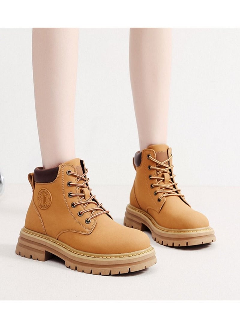 Loquat - Leather British Style Ankle Boots Motorcycle Martin Boots For Women Yellow - Image 1