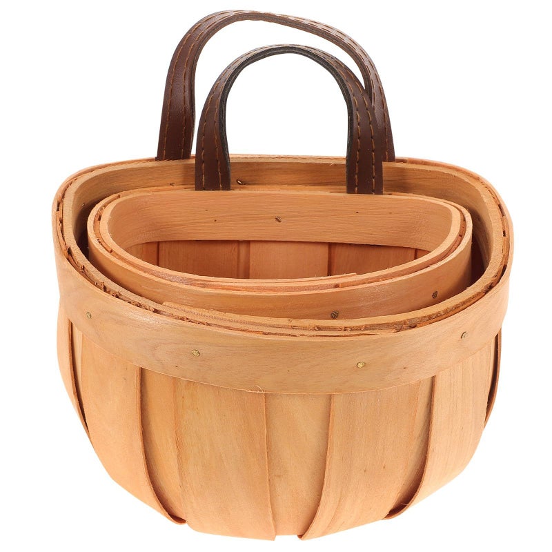 Handwoven Wood Slice Hanging Basket Set 2pcs Wall Mounted Kitchen Fruit Vegetable Organizer - Image 2