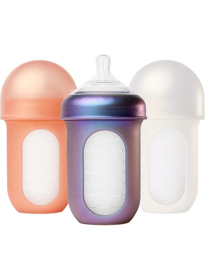 BOON Boon NURSH Reusable Silicone Baby Bottles with Collapsible Silicone Pouch Design — Everyday Baby Essentials — 3 Count — Stage 2 Medium Flow — 8 Oz — Metallic - Image 1