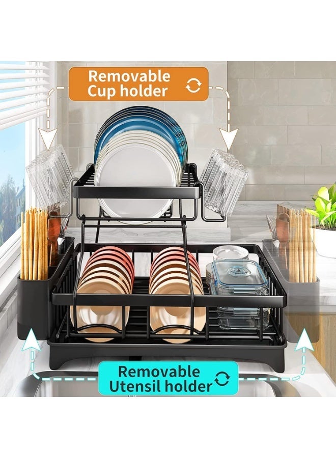Aliza Dish Drainer Rack, Dish Drainer with Drip Tray and Drainer Mat, Stainless Steel Dish Rack with Utensil Holder, Swivel Spout, Draining Board for Kitchen Counter, Black, 2 Tier - Image 2