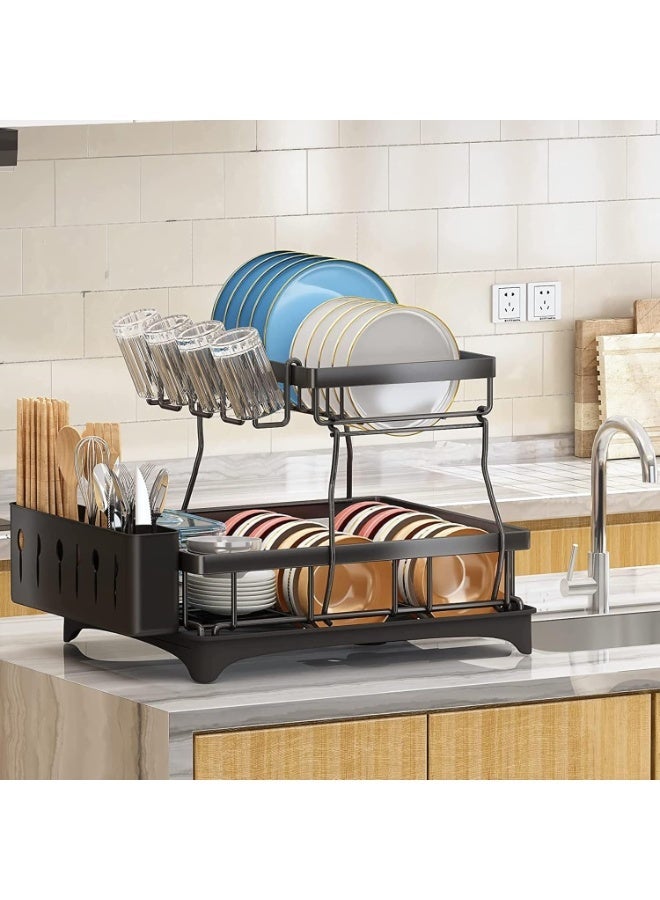 Aliza Dish Drainer Rack, Dish Drainer with Drip Tray and Drainer Mat, Stainless Steel Dish Rack with Utensil Holder, Swivel Spout, Draining Board for Kitchen Counter, Black, 2 Tier - Image 5