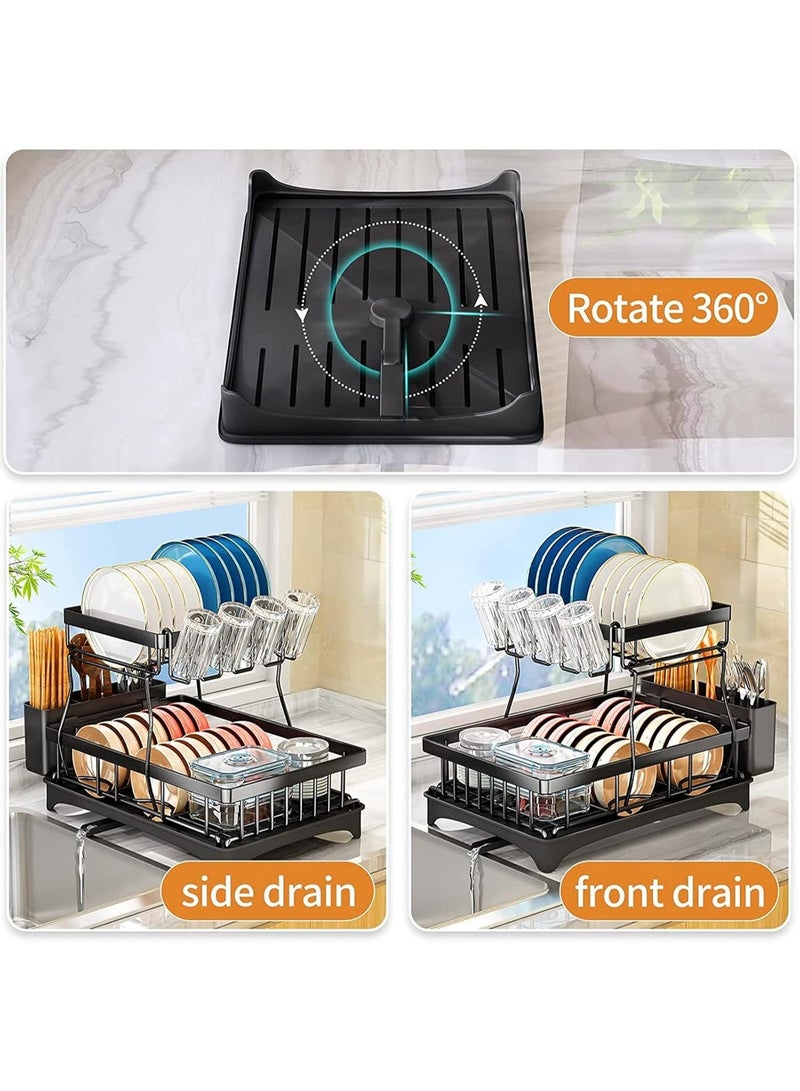 Aliza Dish Drainer Rack, Dish Drainer with Drip Tray and Drainer Mat, Stainless Steel Dish Rack with Utensil Holder, Swivel Spout, Draining Board for Kitchen Counter, Black, 2 Tier - Image 4