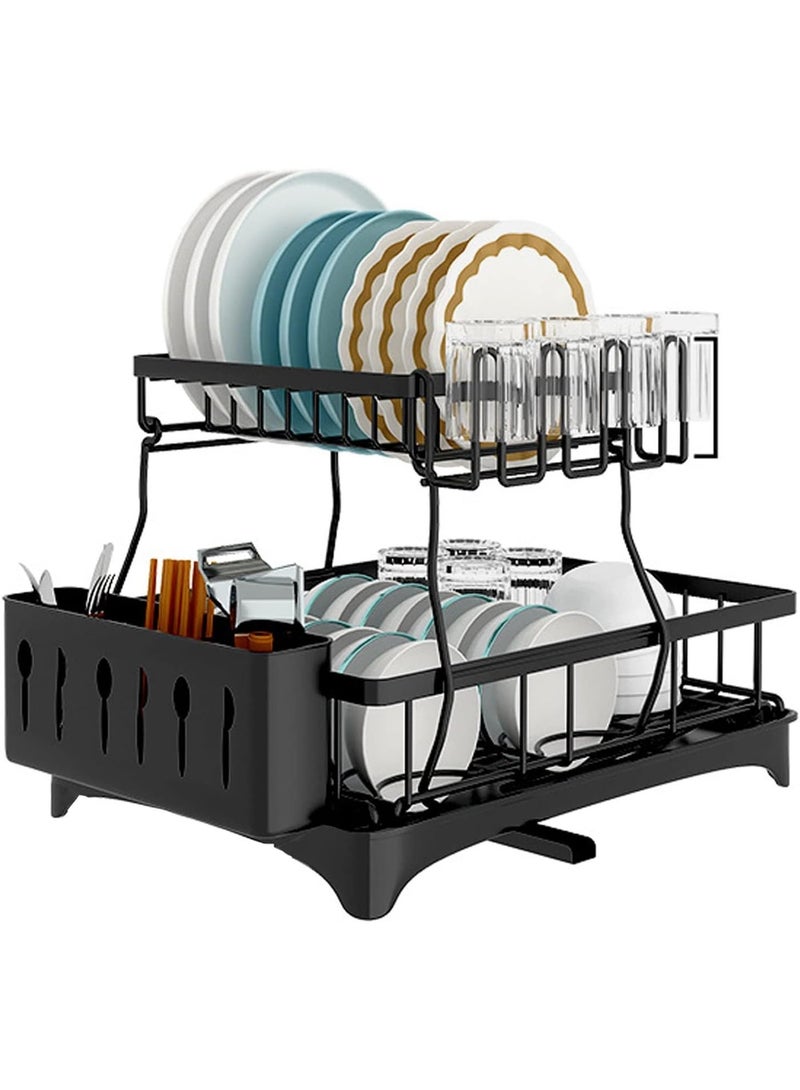 Aliza Dish Drainer Rack, Dish Drainer with Drip Tray and Drainer Mat, Stainless Steel Dish Rack with Utensil Holder, Swivel Spout, Draining Board for Kitchen Counter, Black, 2 Tier - Image 1