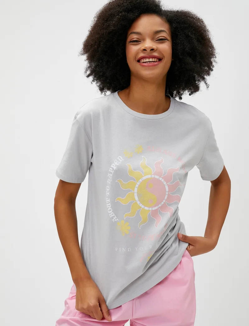 KOTON Printed T-Shirt Cotton Short Sleeve Crew Neck