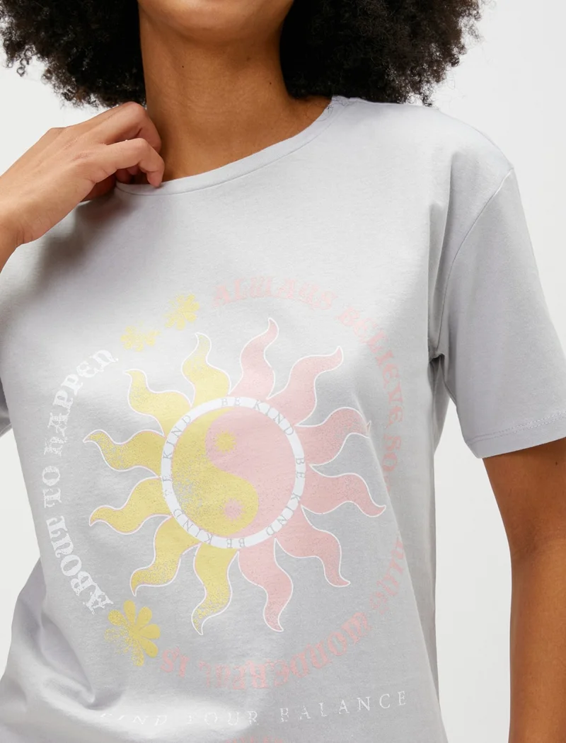KOTON Printed T-Shirt Cotton Short Sleeve Crew Neck