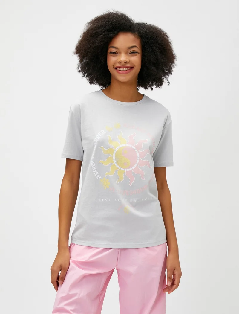 KOTON Printed T-Shirt Cotton Short Sleeve Crew Neck